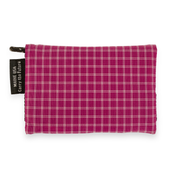 Pink plaid wallet with a visible brand tag on a white background