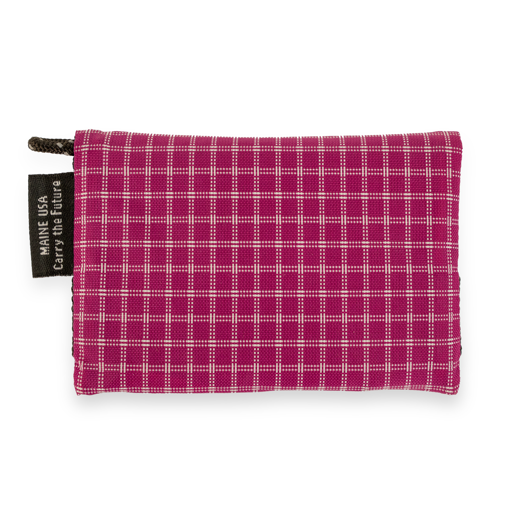Pink plaid wallet with a visible brand tag on a white background