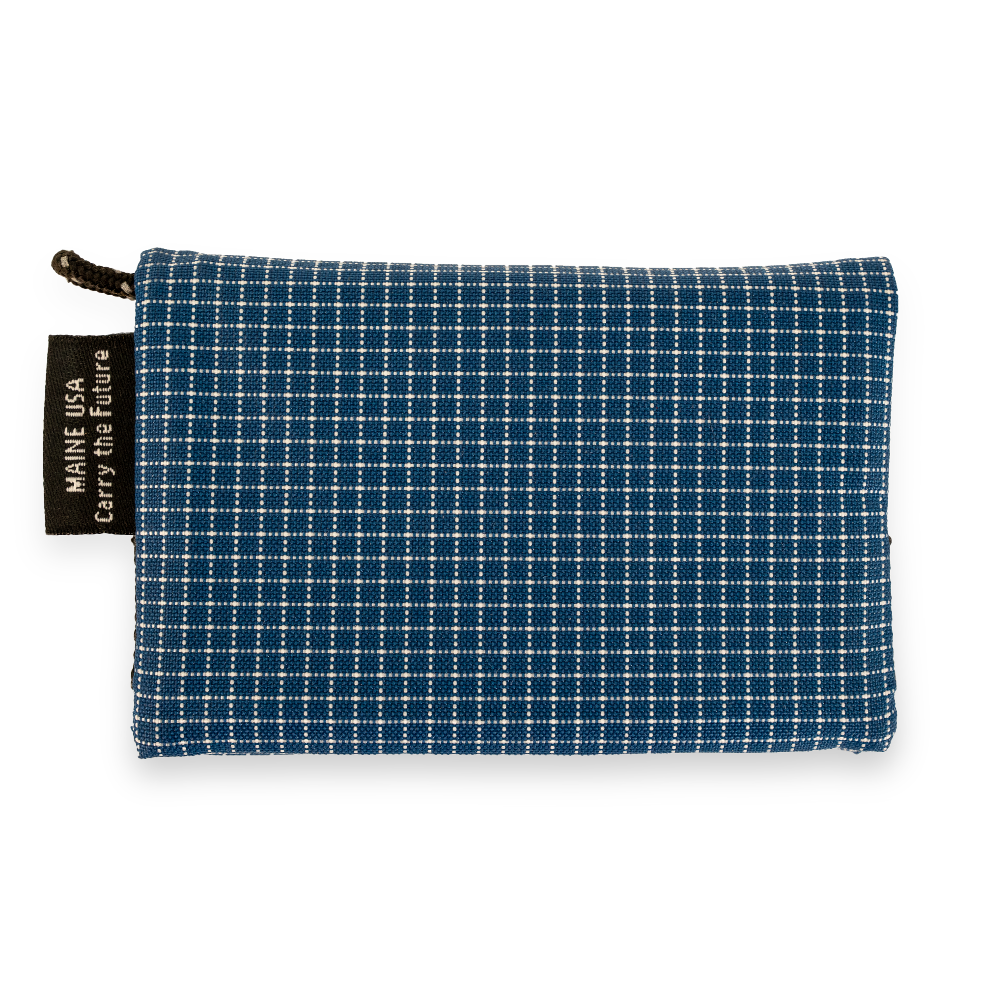 Blue checkered pouch with a tag on a white background