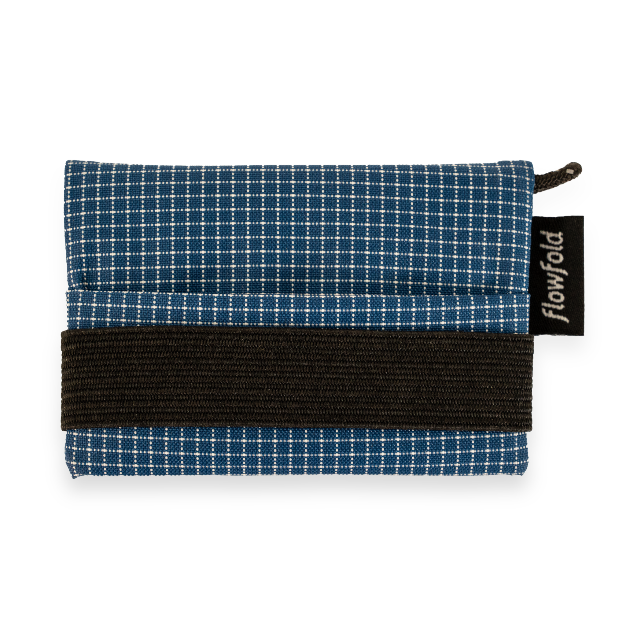 Blue checkered wallet with black strap and 'Flowfold' tag on a white background