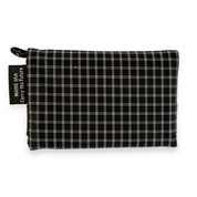 Black and white checkered wallet with a tag on a white background