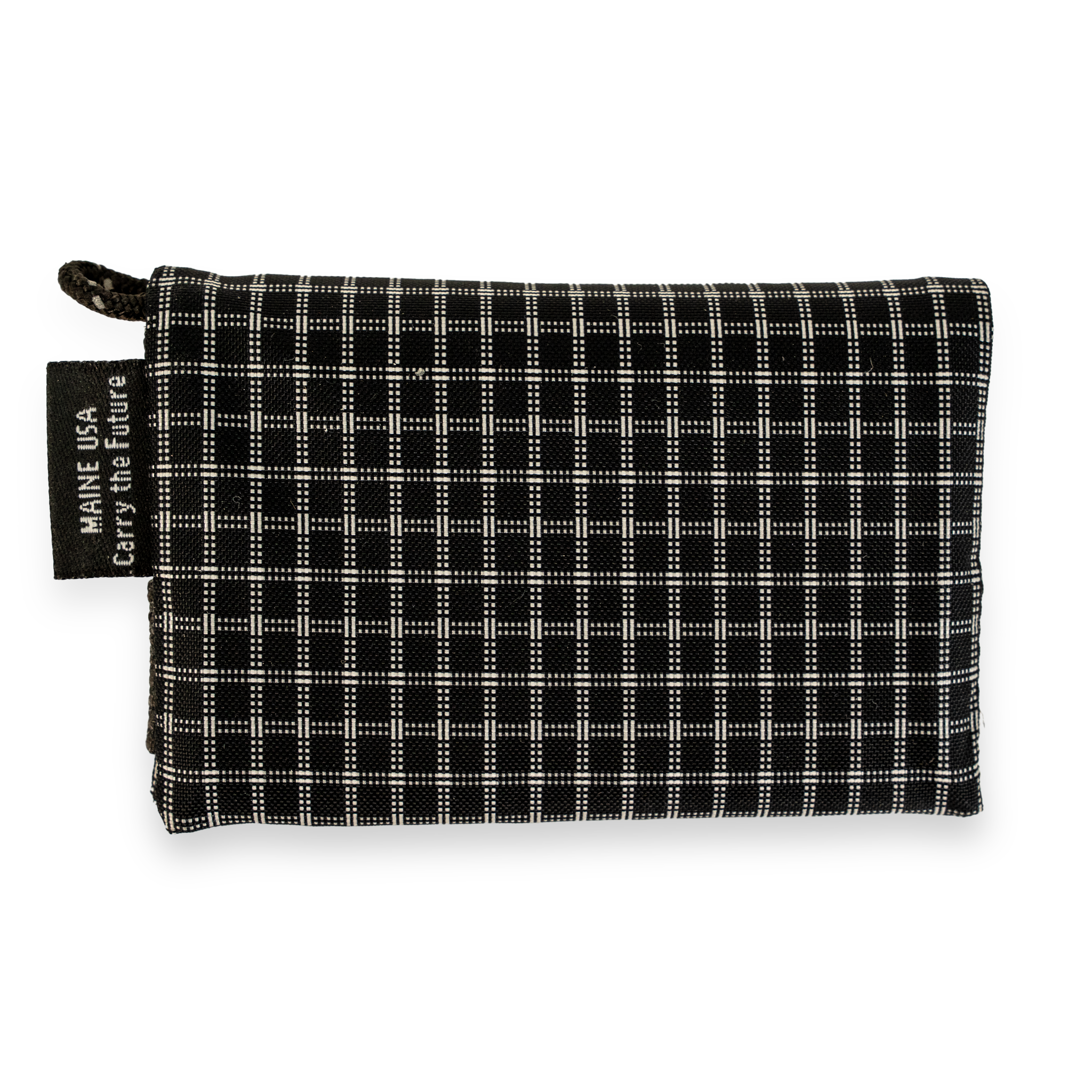 Black and white checkered wallet with a tag on a white background