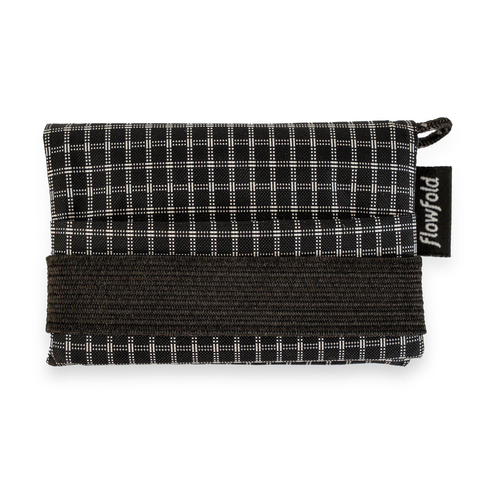 Black and white checkered wallet with 'Flowfold' branding on a white background
