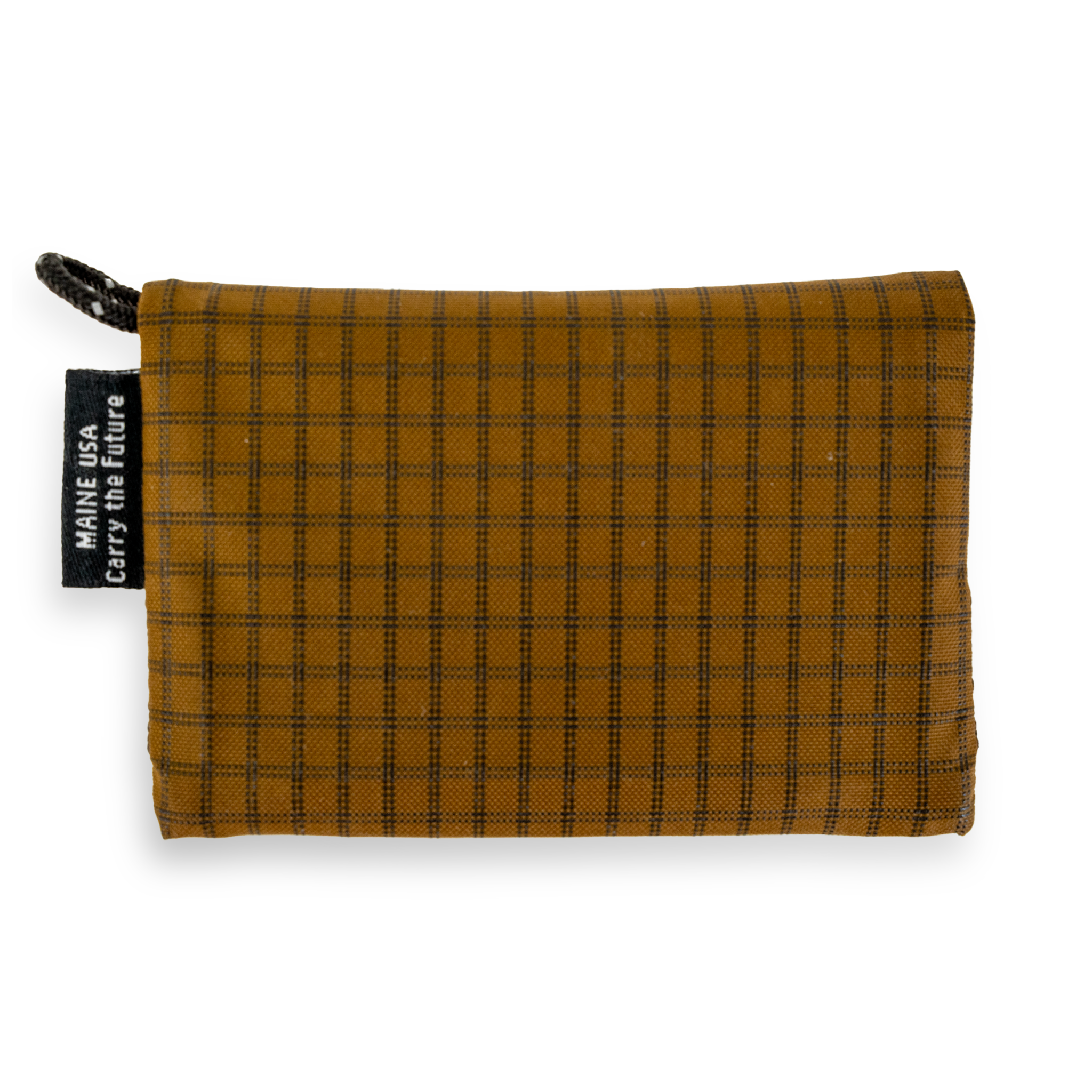 Brown checkered fabric wallet with a tag on a white background