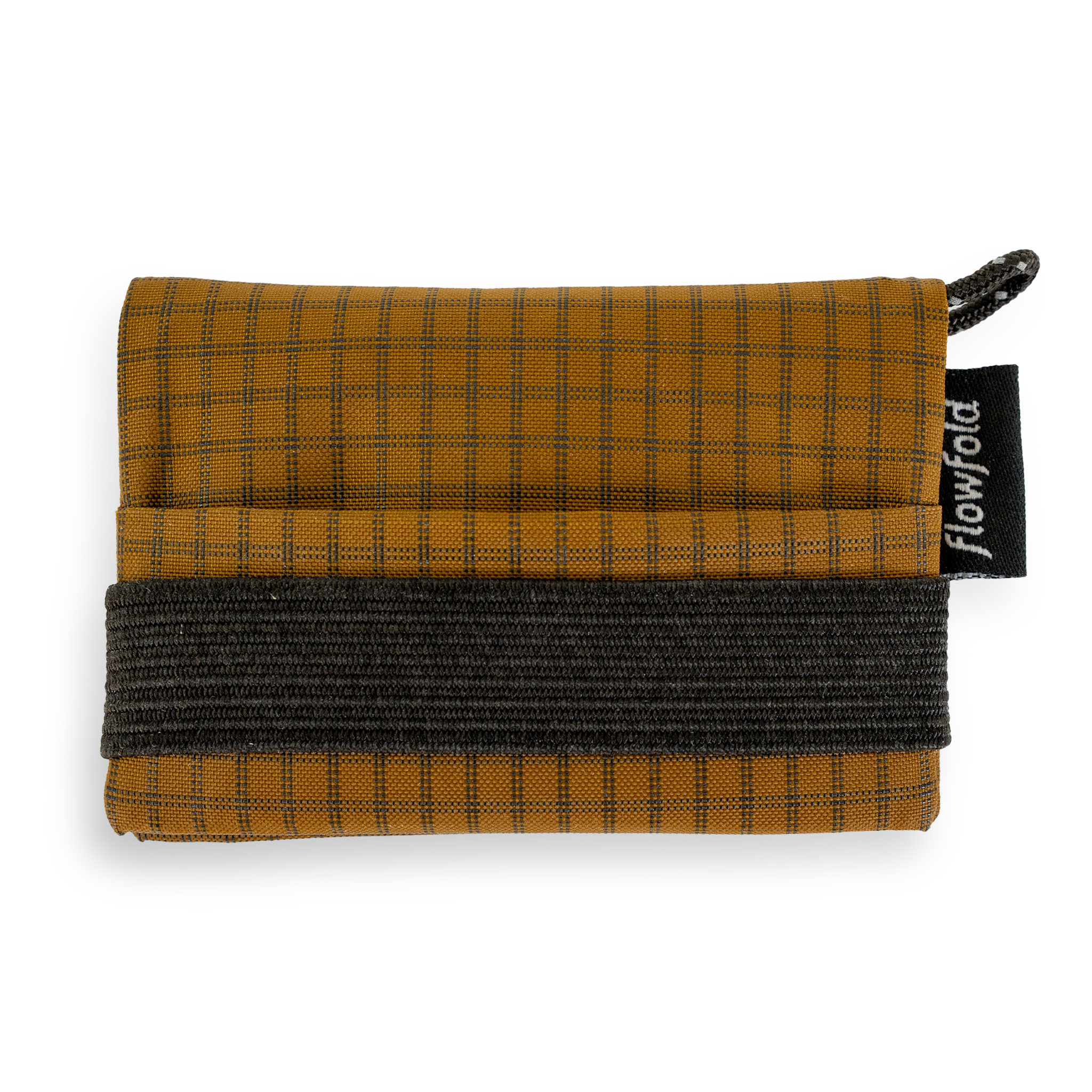 Brown plaid patterned wallet with 'Flowfold' brand tag on a white background