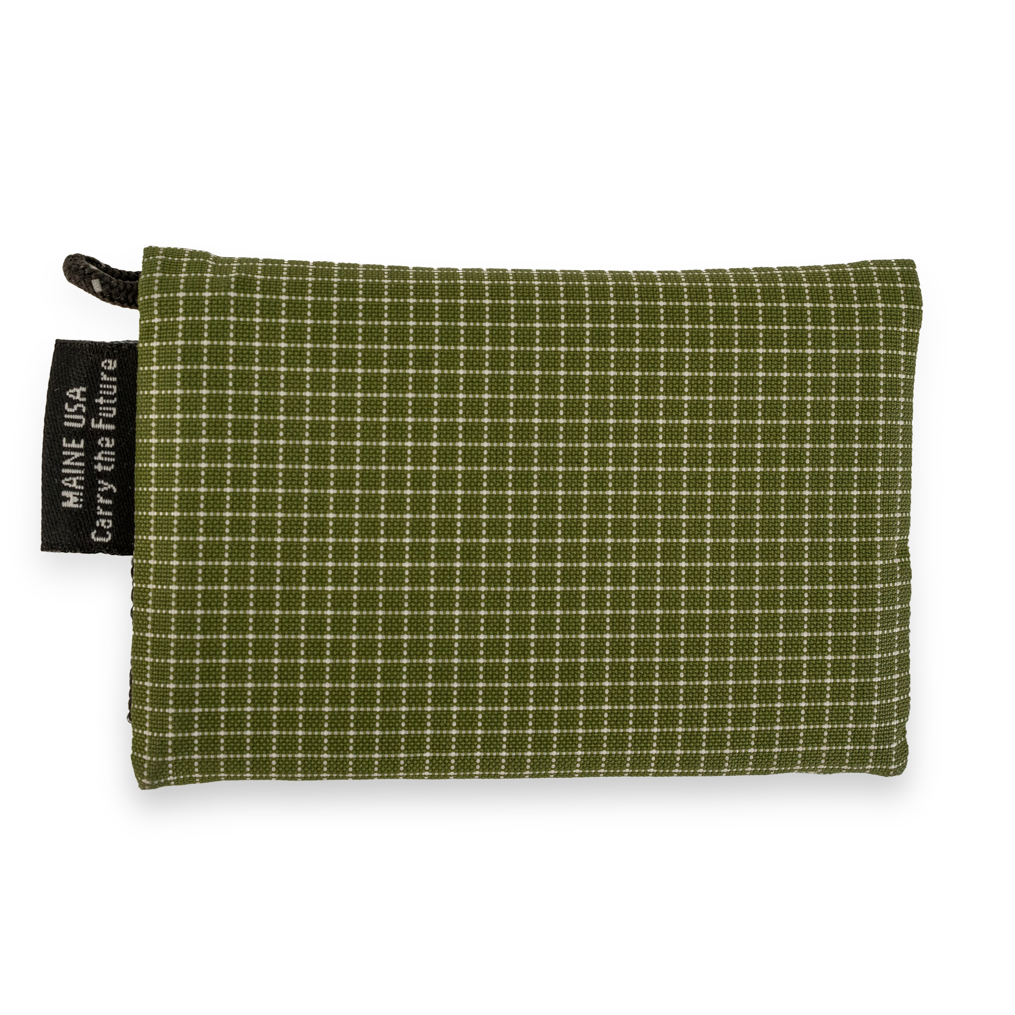 Green checkered wallet with a tag on a white background