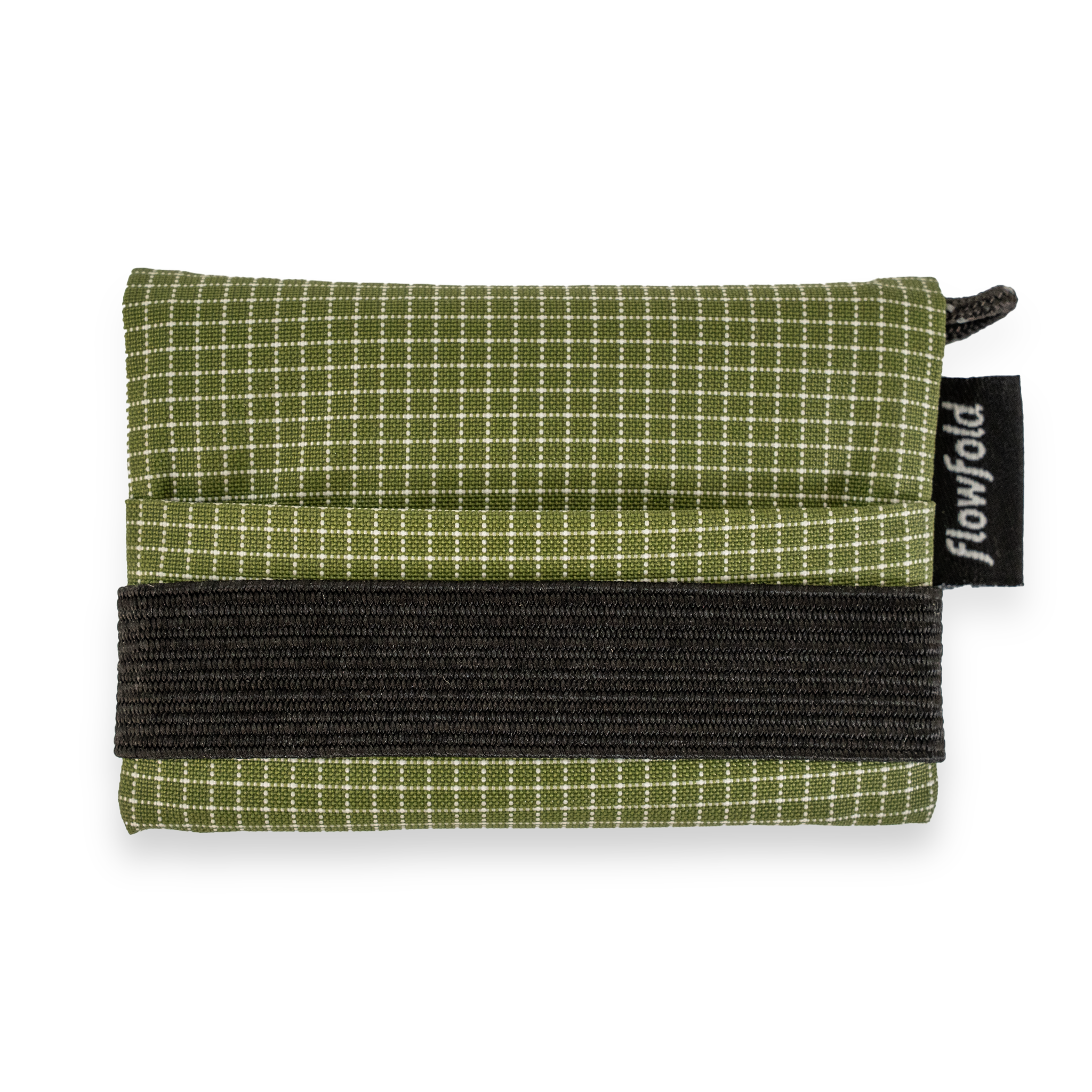 Green and black checkered wallet with 'flowfold' tag on a white background
