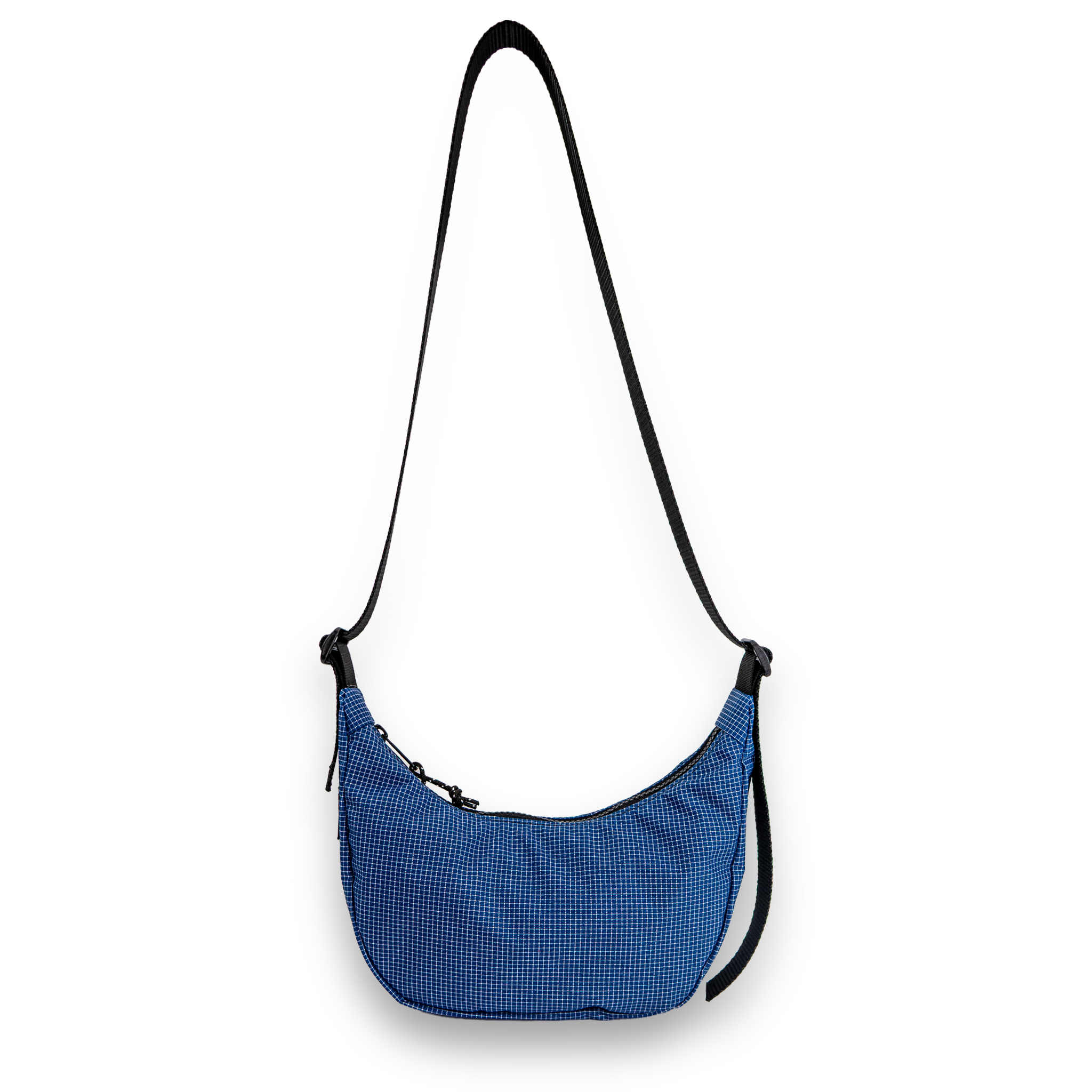 Side angle of a blue crescent bag with a black strap on a white background