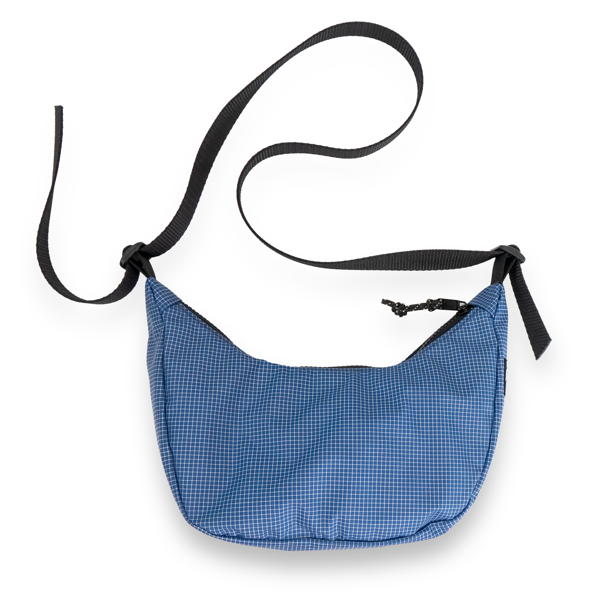 Blue crescent bag with a black strap on a white background