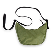 Olive crescent bag with a black strap on a white background