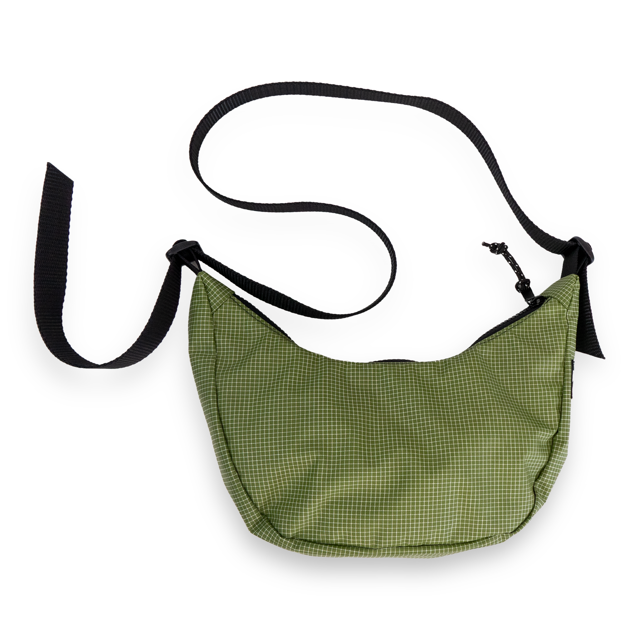 Olive crescent bag with a black strap on a white background