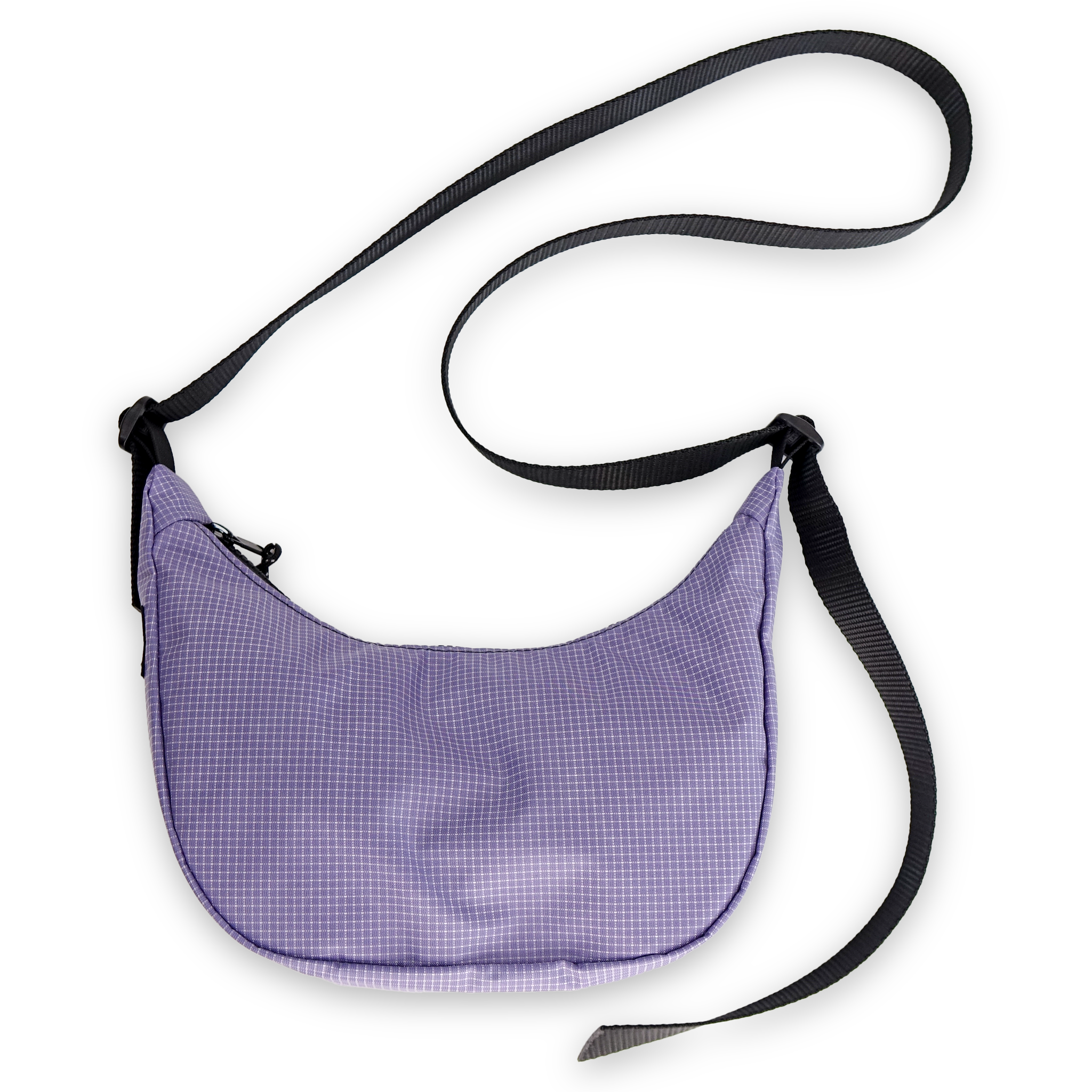 Purple checkered bag with a black strap on a white background