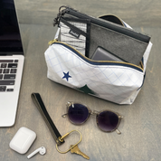 Original Maine x Flowfold White Aviator Dopp Kit Water Resistant Fabric Made in the USA, On Wood with Tech Gear