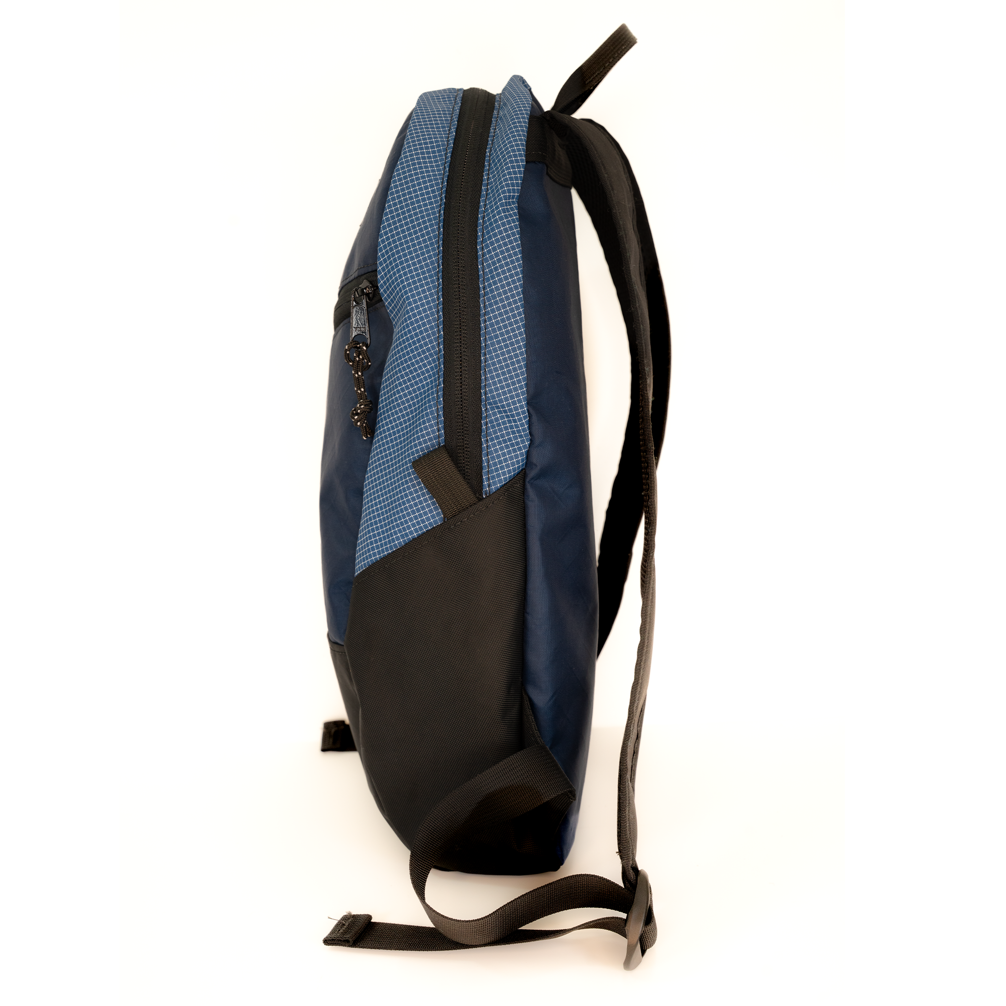 A blue and black backpack shown from the side profile against a plain white background.