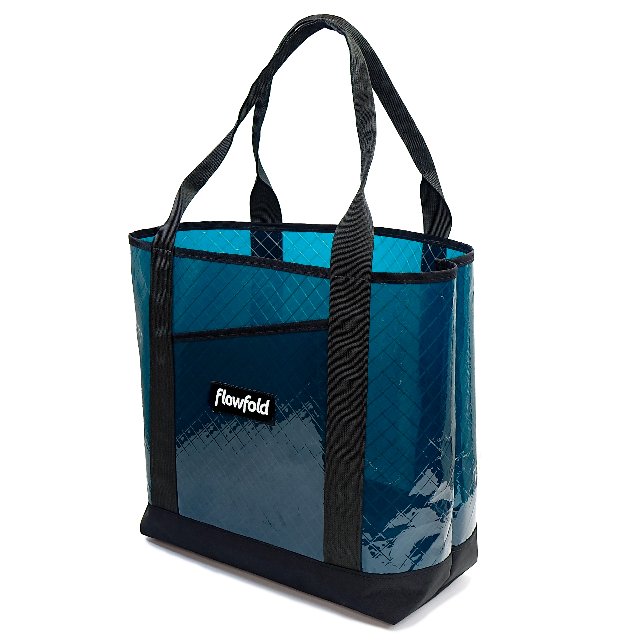 Blue sailcloth tote bag with black handles and trim on a white background