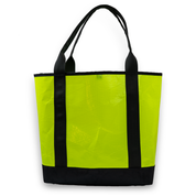 Yellow sailcloth tote bag with black handles and trim on a white background
