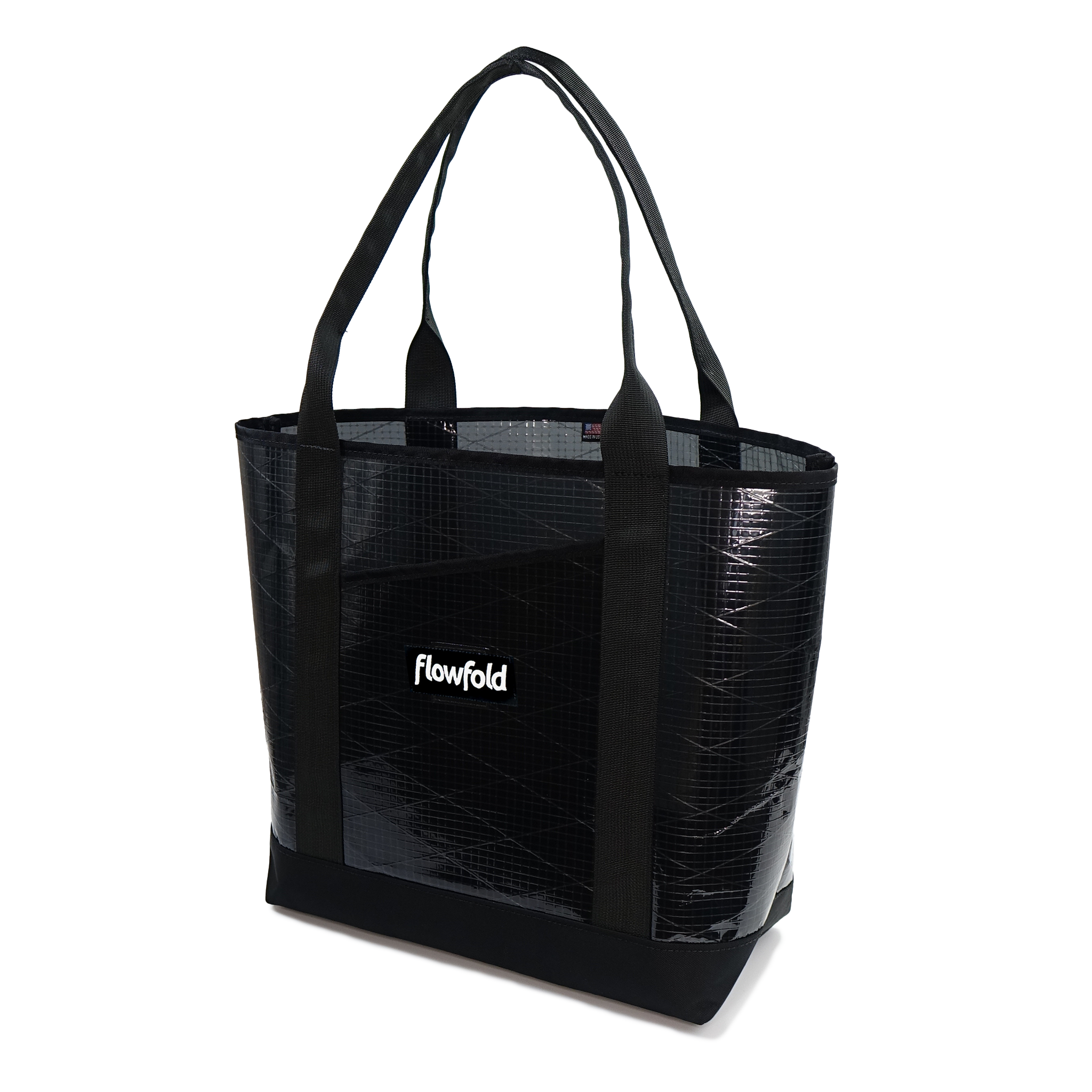 Grey sailcloth tote bag with 'flowfold' logo on a white background