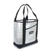 White Sailcloth tote bag with black straps and Flowfold logo on a white background