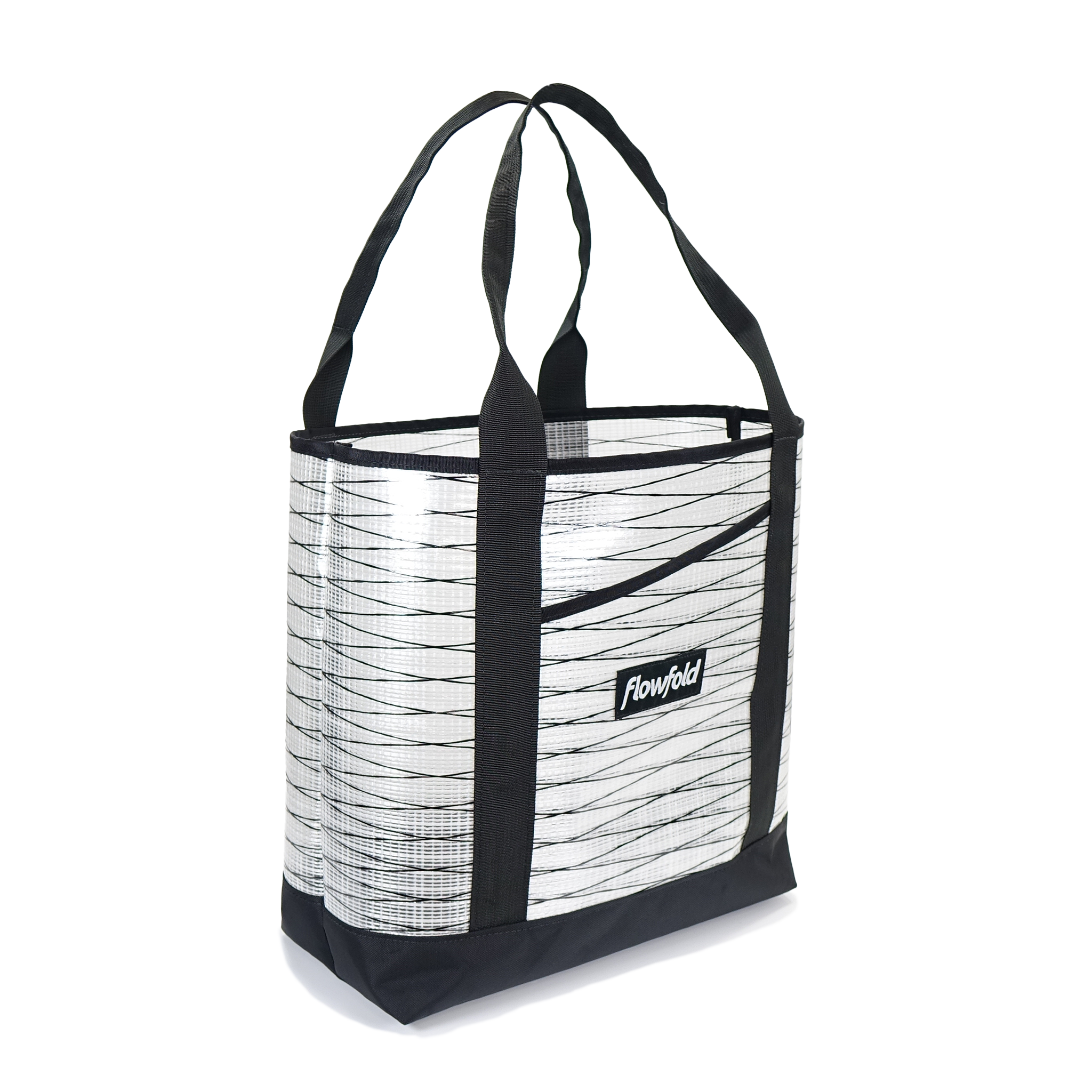 White Sailcloth tote bag with black straps and Flowfold logo on a white background