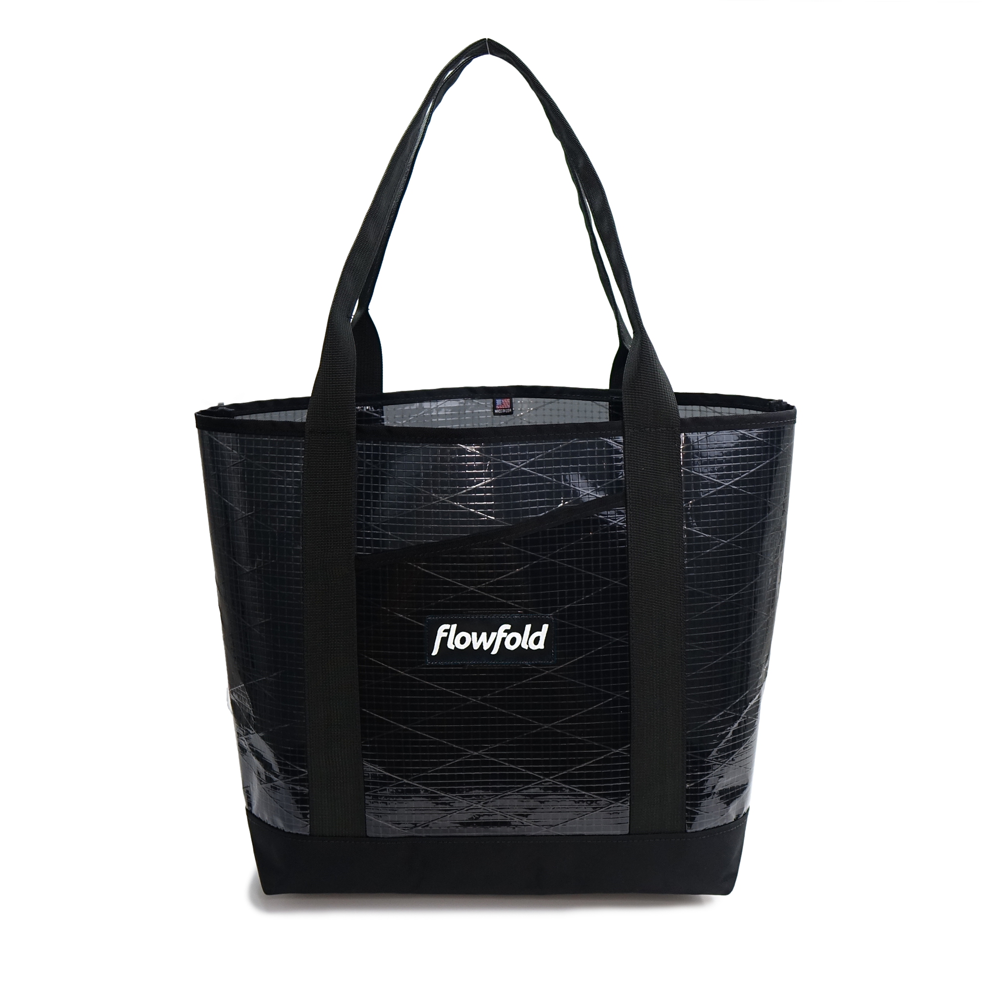 Grey sailcloth tote bag with 'flowfold' branding on a white background