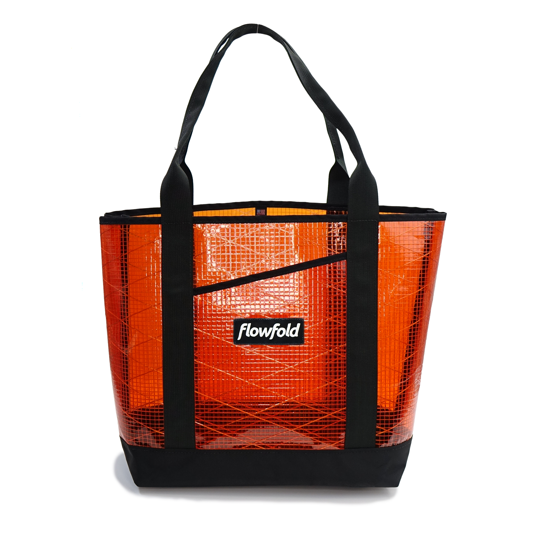 Rust sailcloth tote bag with black handles and a visible 'flowfold' logo on a white background