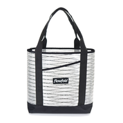 White Sailcloth tote bag with black straps and Flowfold logo on a white background