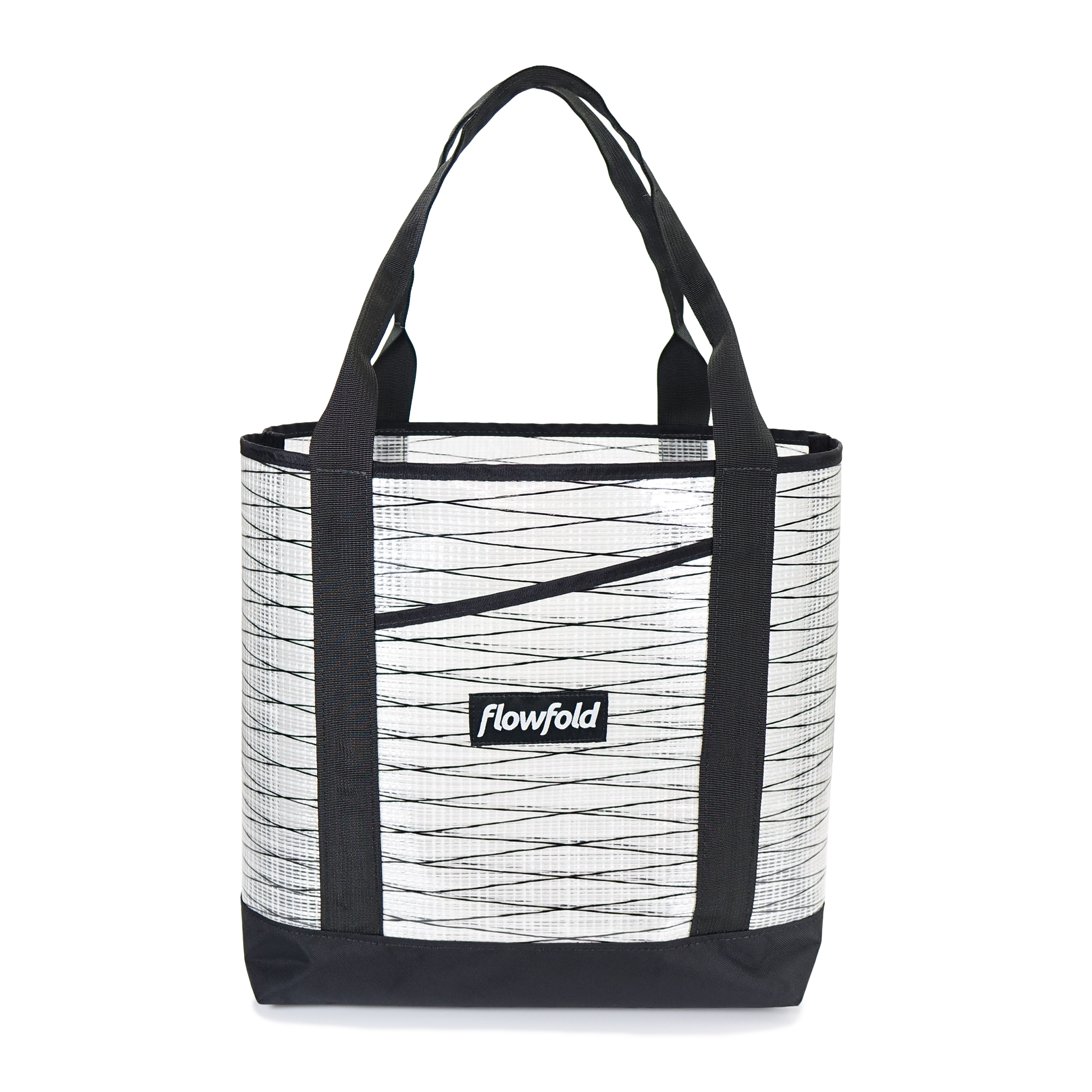 White Sailcloth tote bag with black straps and Flowfold logo on a white background