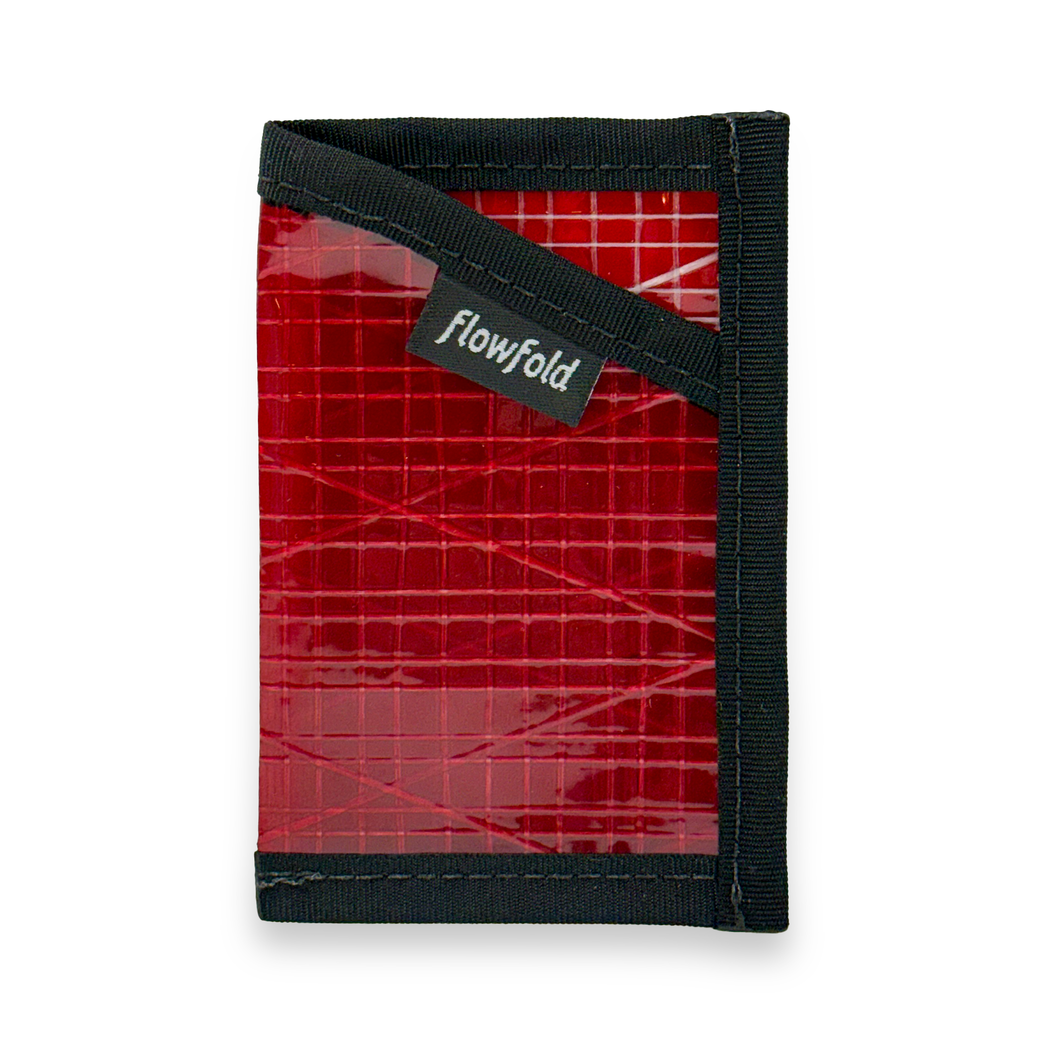 Red wallet with black strap and 'flowfold' label on a white background