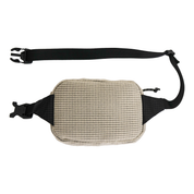 Back angle of a beige fleece grid belt bag with black strap on a white background