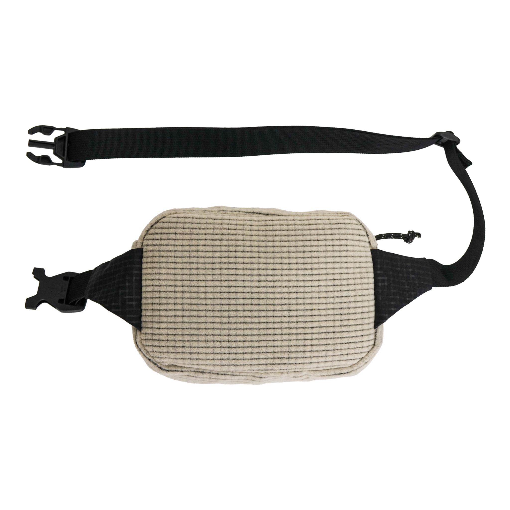 Back angle of a beige fleece grid belt bag with black strap on a white background