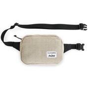 Beige fleece grid belt bag with black strap on a white background
