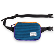 Blue and purple fleece grid belt bag with black strap on a white background