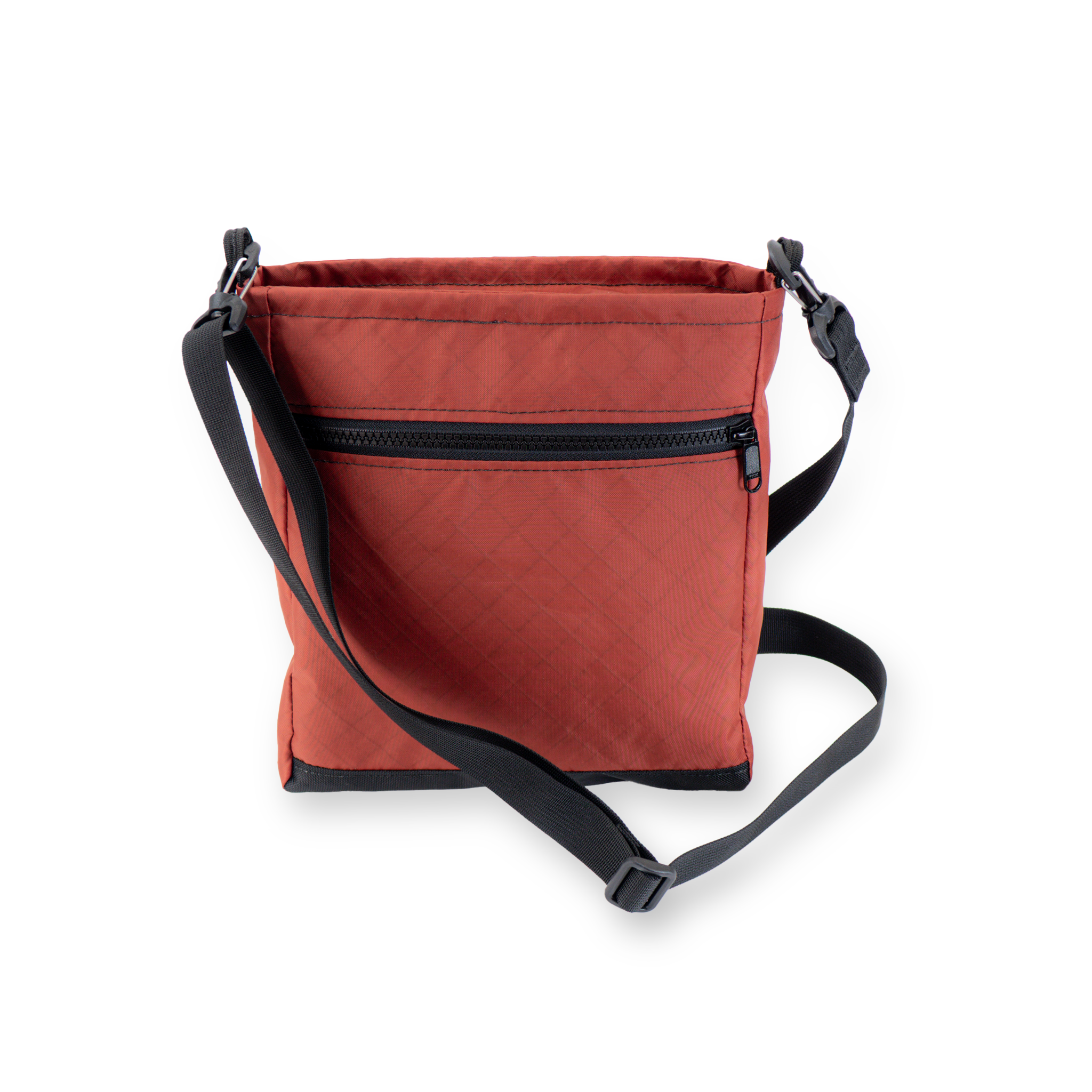 Red crossbody with black straps on a white background