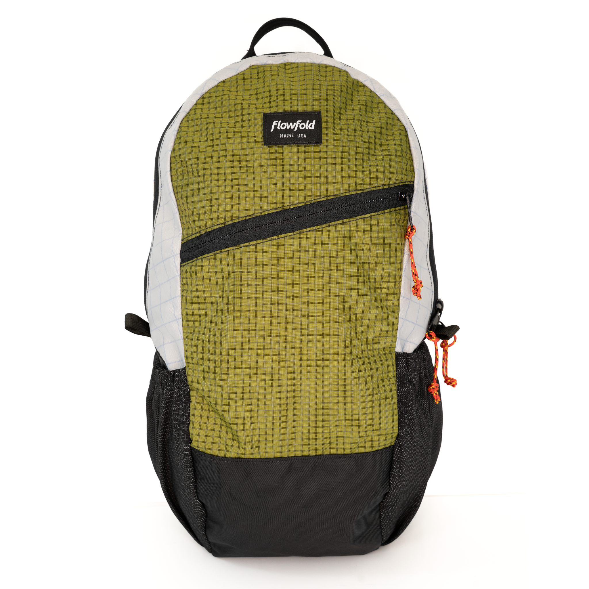 A Flowfold backpack in olive green and black with light gray side panels, shown against a plain white background.