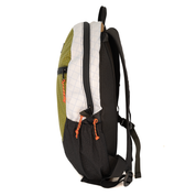 A side profile view of a backpack on a solid white background, featuring a black, white, and green body. Mesh side pocket, and bright red zipper pull accents.