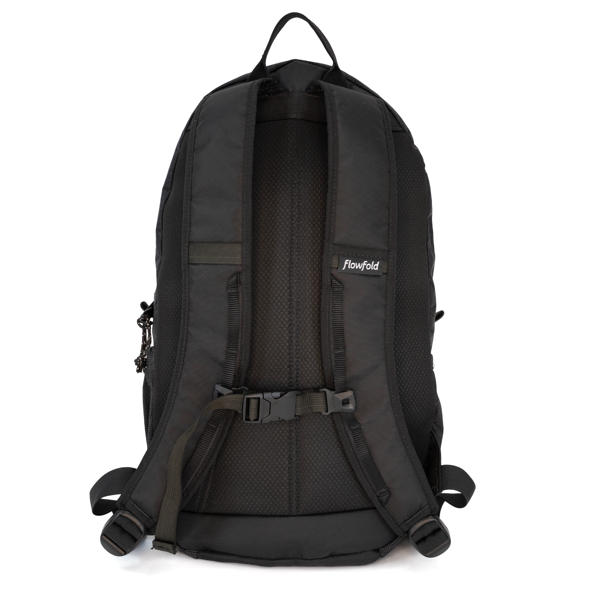 Black Flowfold backpack shown from the back, featuring a breathable mesh back panel, padded shoulder straps, and a quick-release buckle, on a white background.