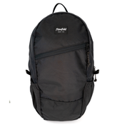 A black FlowFold backpack with a top handle, a front zippered pocket, and side mesh pockets, shown against a plain white background.