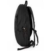 A black backpack shown from the side profile against a solid white background, displaying its side pockets, zippers, and shoulder straps.