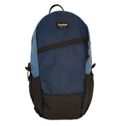 A blue and black backpack with a diagonal zippered pocket on the front, side mesh pockets, and a black brand label reading 'Flowfold' on a white background.