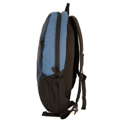 A blue and black backpack shown from a side profile view against a plain white background.