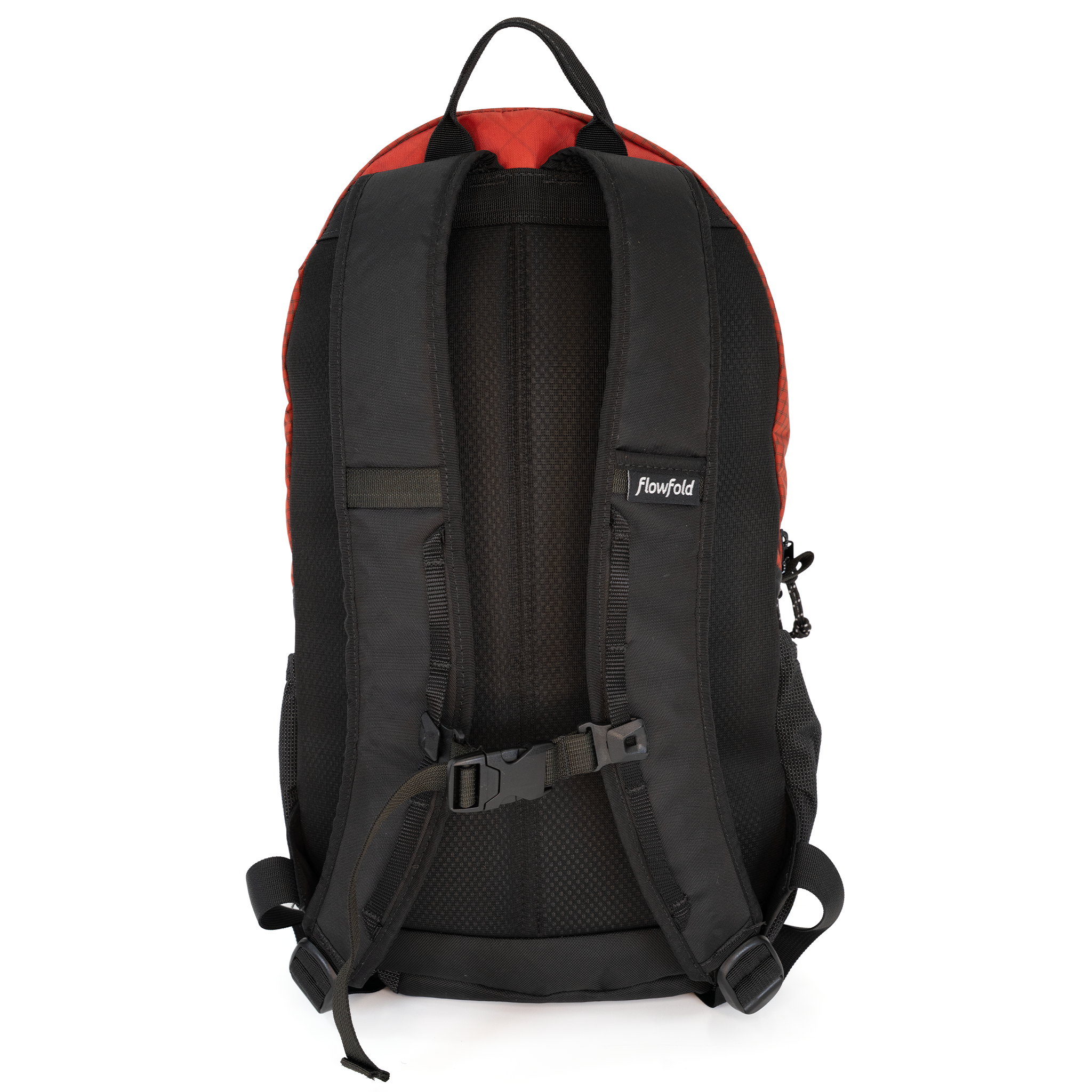 The back view of a black and red backpack, featuring a breathable mesh back pad, adjustable straps, and a small white 'Flowfold' brand label on the side.