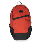 A red and black Flowfold backpack with a top handle, a diagonal black zipper on the front pocket, and side mesh pockets, shown against a plain white background.