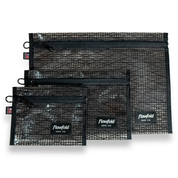 Set of black recycled sailcloth pouches with black zippers and 'Flowfold' branding on a white background