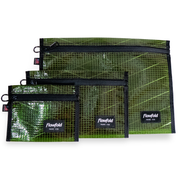 Set of olive colored recycled sailcloth pouches with black zippers and 'Flowfold' branding on a white background