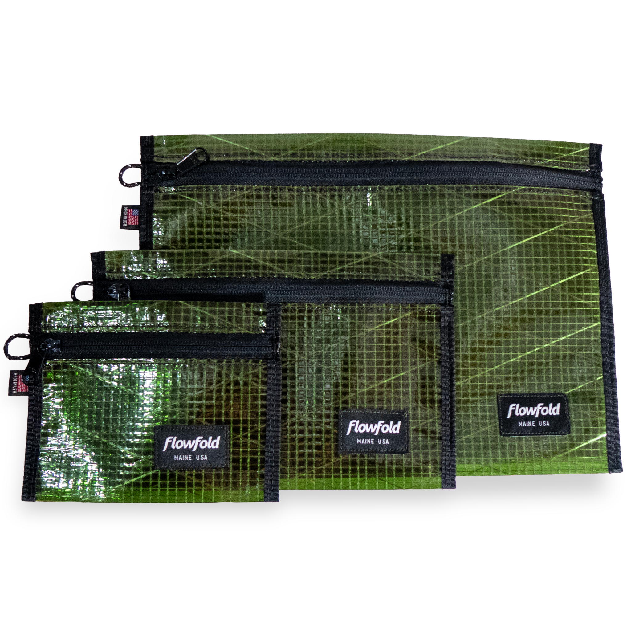 Set of olive colored recycled sailcloth pouches with black zippers and 'Flowfold' branding on a white background