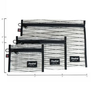 Set of three white recycled sailcloth pouches with measurements and 'Flowfold' branding on a white background.