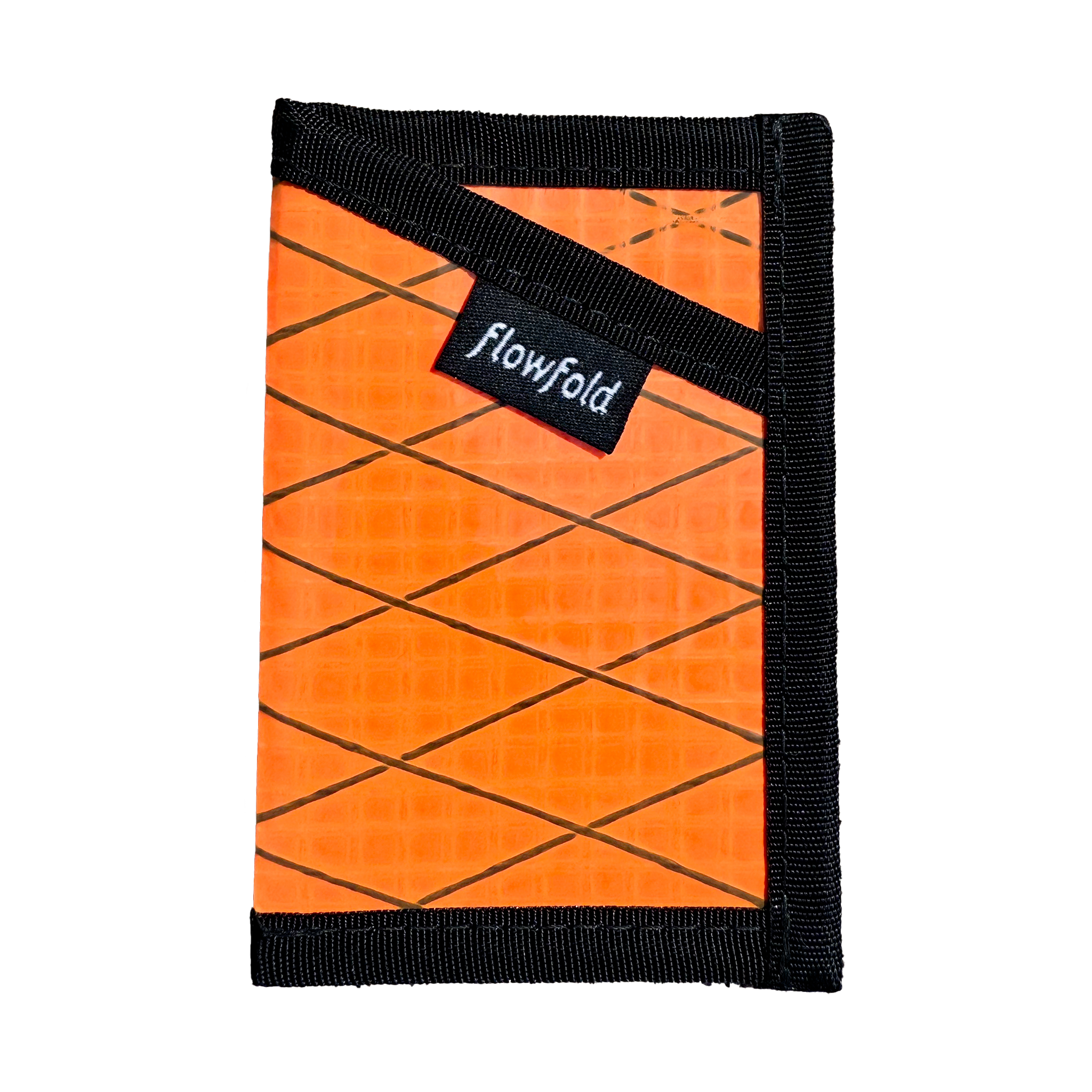 Orange wallet with black geometric pattern and 'flowfold' label on a white background