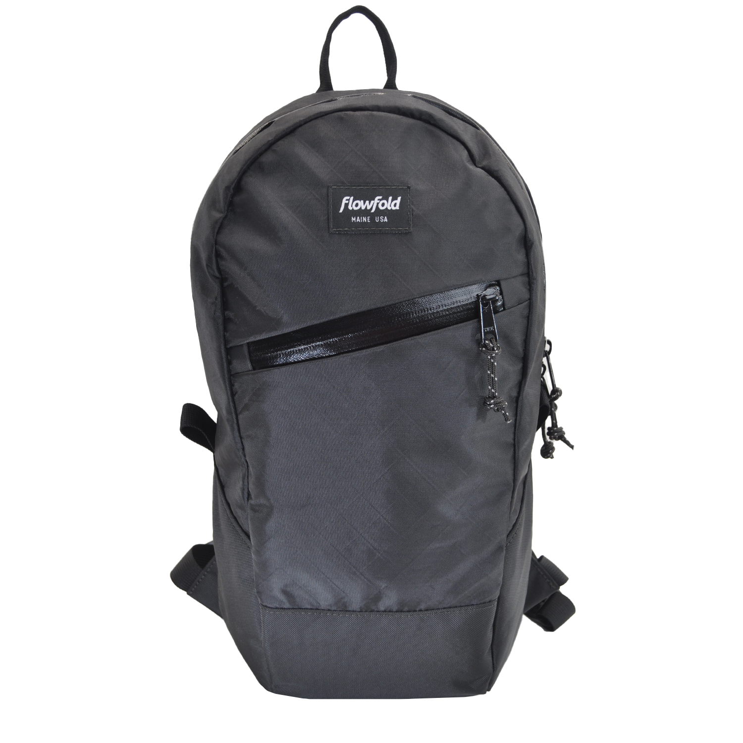 Flowfold Jet Black Optimist 10L Mini Day Backpack with Front Zipper Pocket Made in USA Black Recycled EcoPak Material