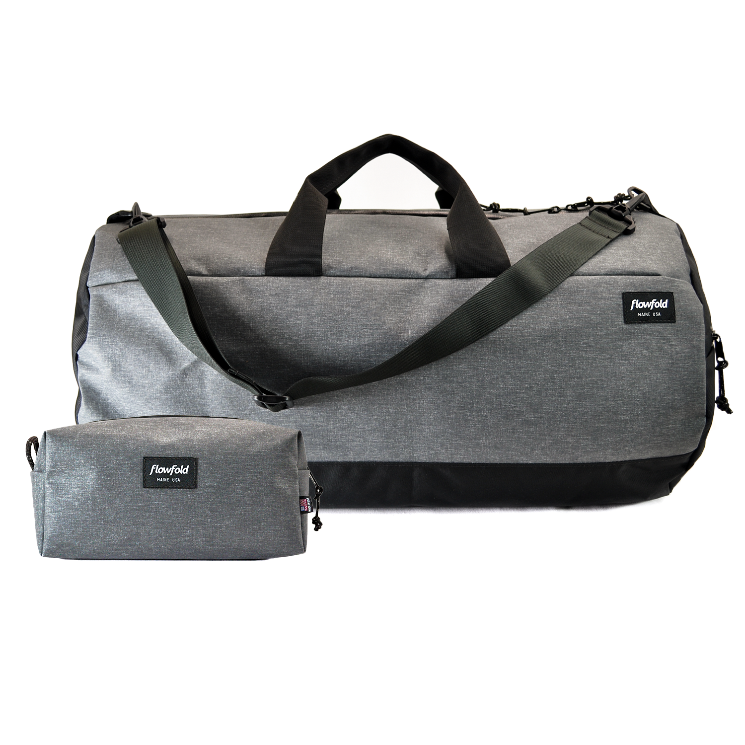 Flowfold Bar Harbor Kit: Stormproof Conductor Duffle bag + Dopp Kit for travel and road trips, Heather Grey