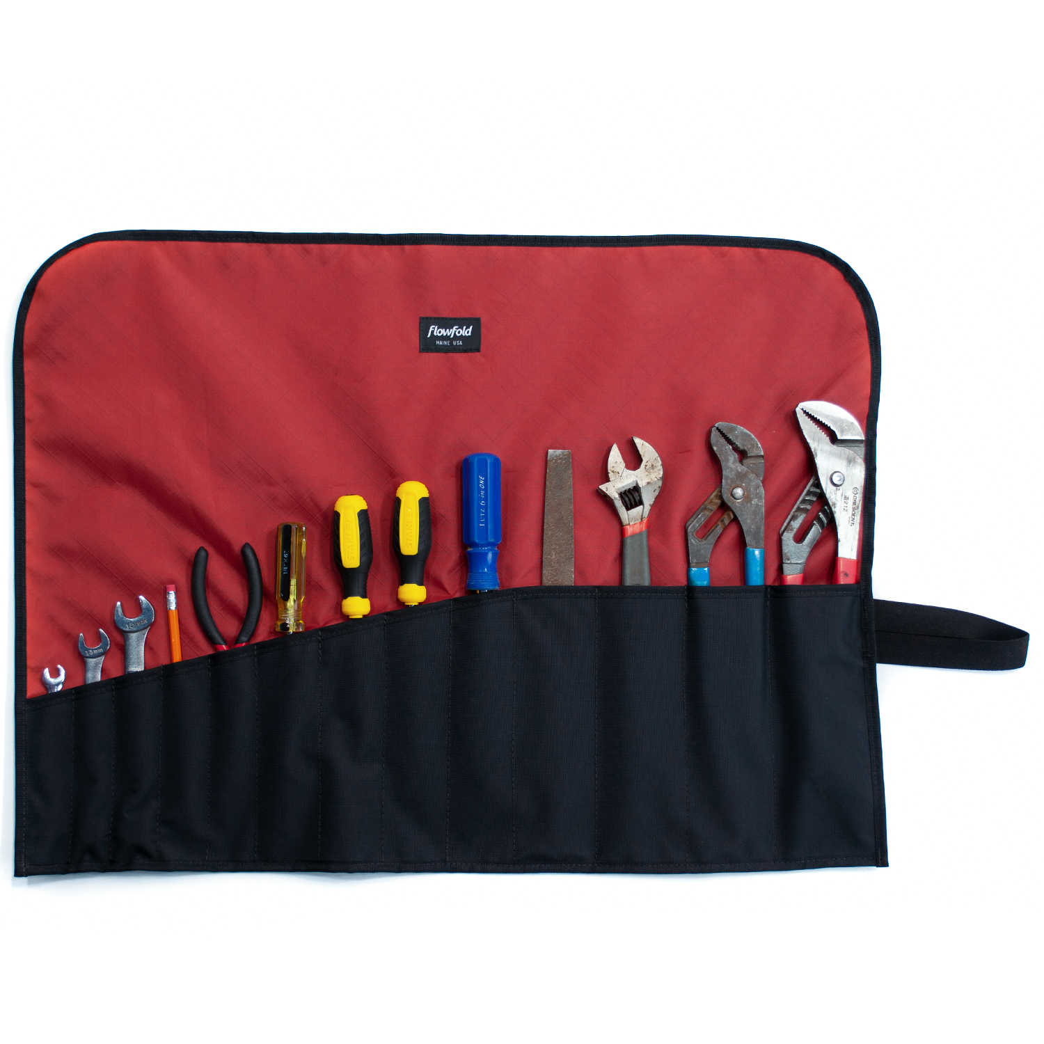 Flowfold Large Comrade Tool Roll 100% Recycled fabric tool roll, water repellent and made in USA Brick Red